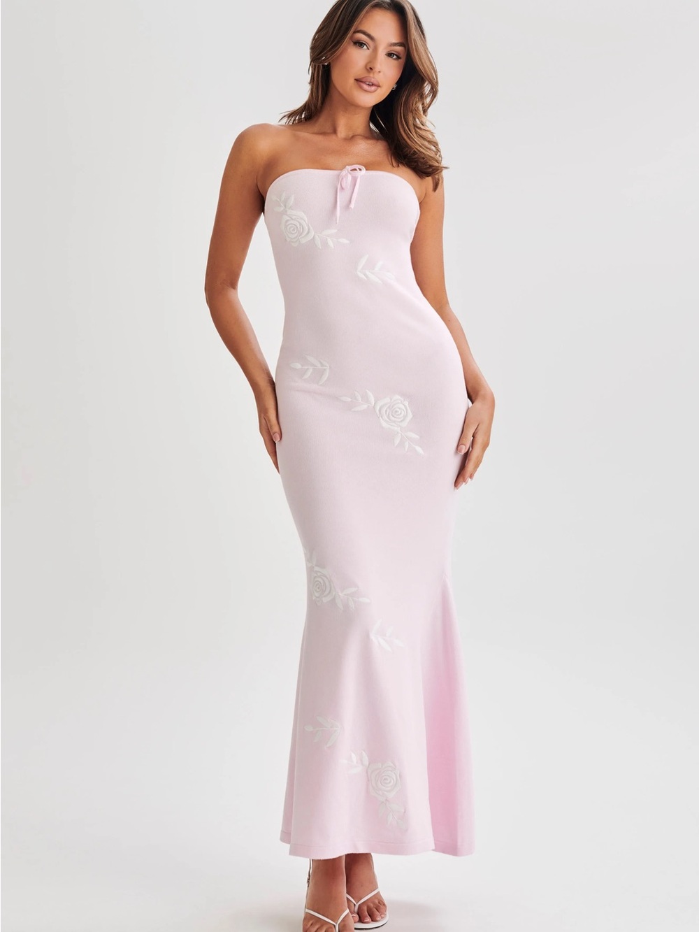 Meshki Lorelai Strapless Pink Knit Rose Floral Embroidered Maxi Dress